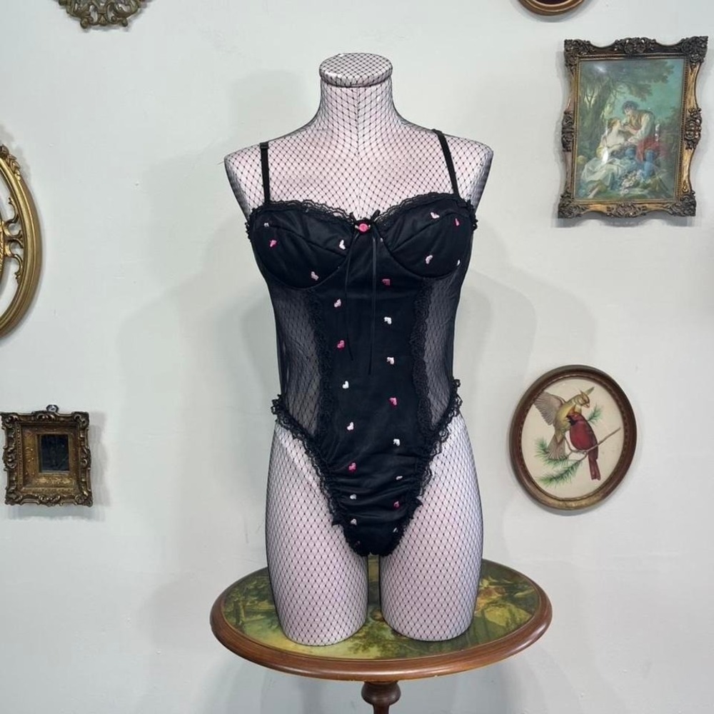 Sheer Black Heart Embroidered Bodysuit Vintage Lingerie Lace Trim Teddy Large